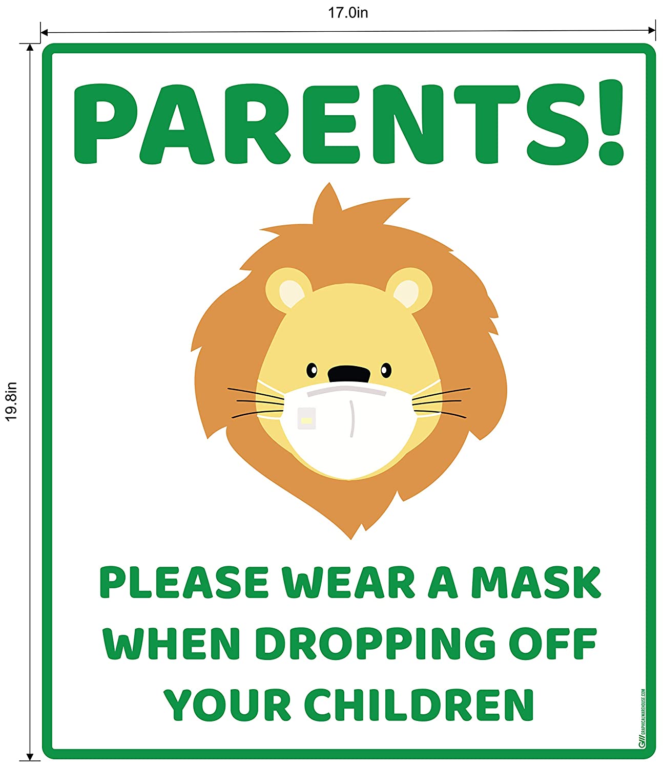 "Parents, Please Wear A Mask When Dropping Off Your Children" Lion, Adhesive Durable Vinyl Decal- Various Sizes/Colors Available