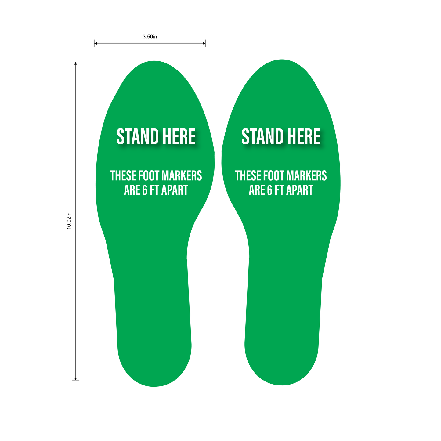 "Stand Here, Foot Markers Are 6 Feet Apart" Social Distancing Footprints, 5 Pair- Durable Matte Laminated Vinyl Floor Sign- 3.5x10"