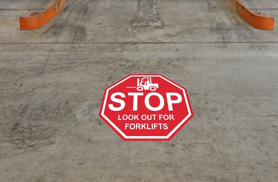 Stop Sign "Look Out for Forklifts" Durable Matte Laminated Vinyl Floor Sign- Various Sizes Available