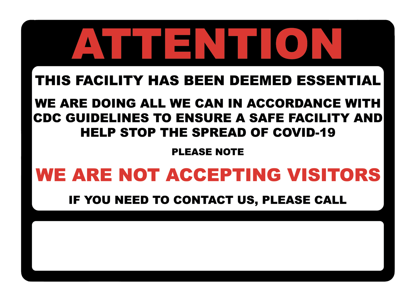 "Attention: Essential Business, No Visitors, Please Call" Adhesive Durable Vinyl Decal- 10x7”