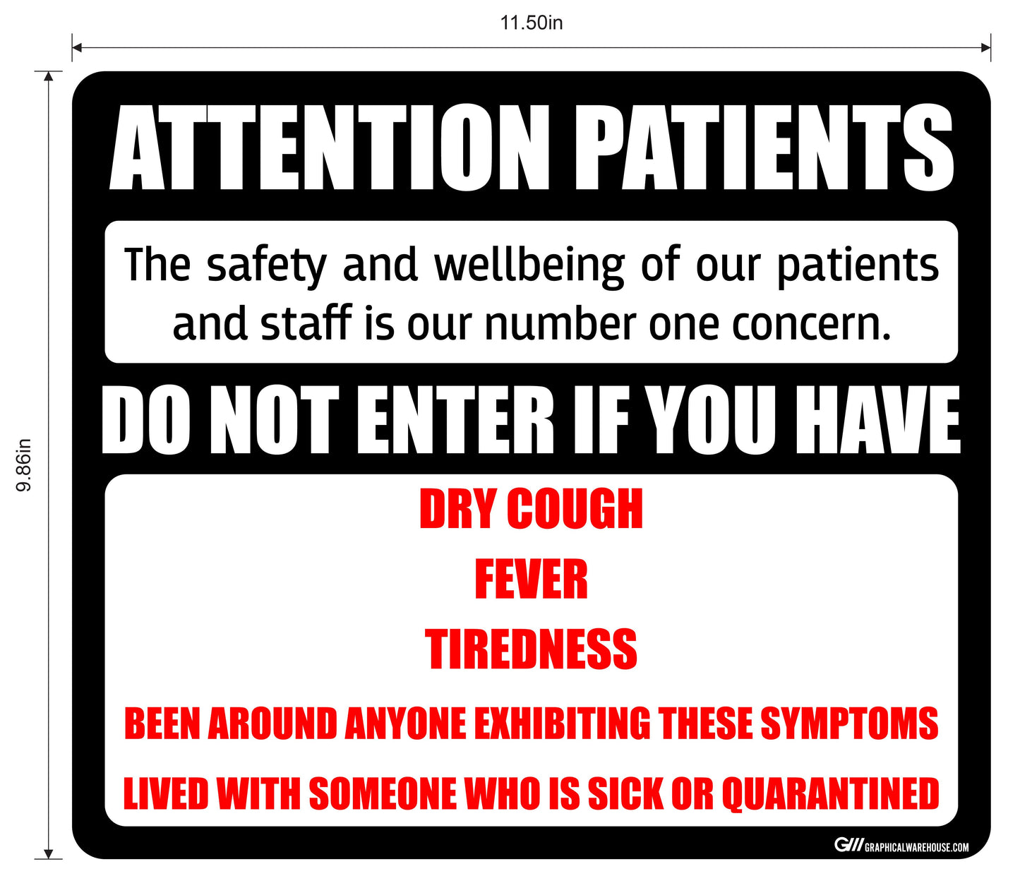“Attention Patients” Do Not Enter with COVID-19 (Coronavirus) Symptoms- Adhesive Durable Vinyl Decal- Various Sizes/Colors Available