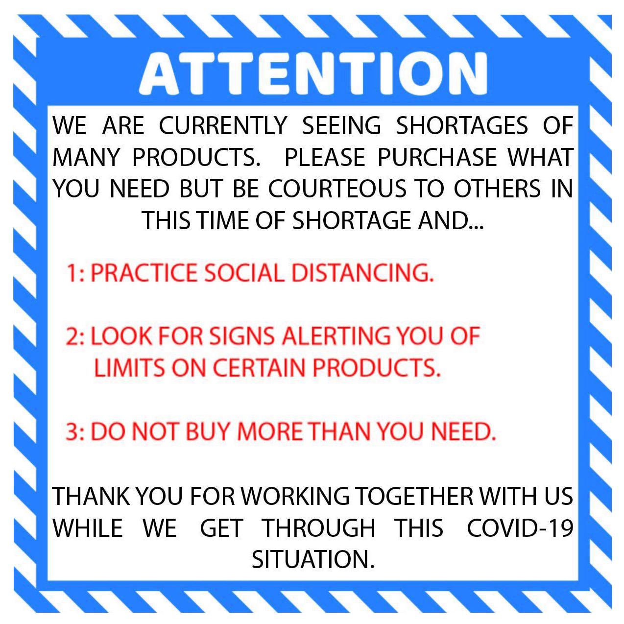 "Attention: Product Shortage" Social Distancing Durable Laminated Vinyl Floor Sign- 17"