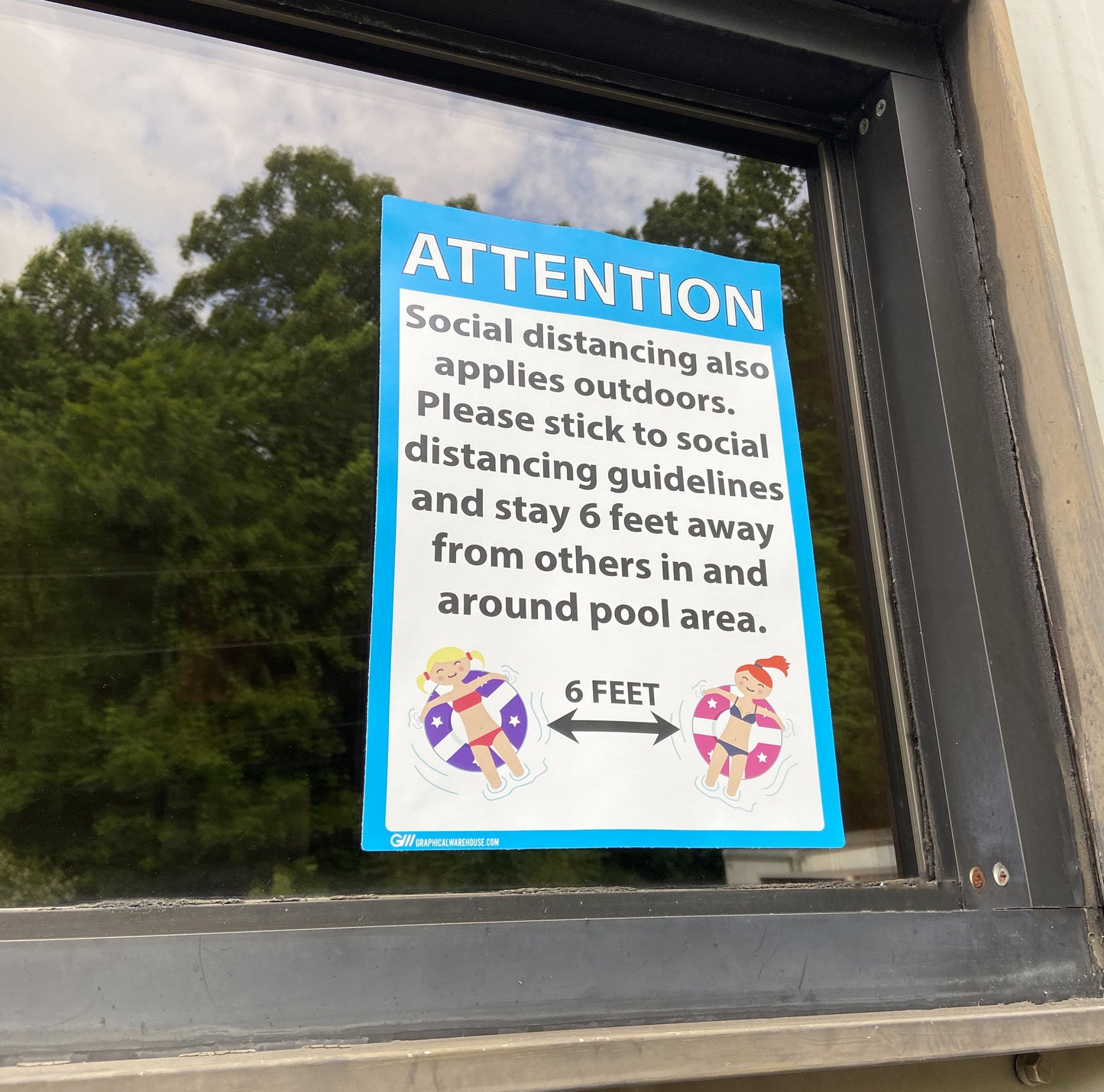 "Attention: Social Distancing at Pool" Adhesive Durable Vinyl Decal- 10x14”