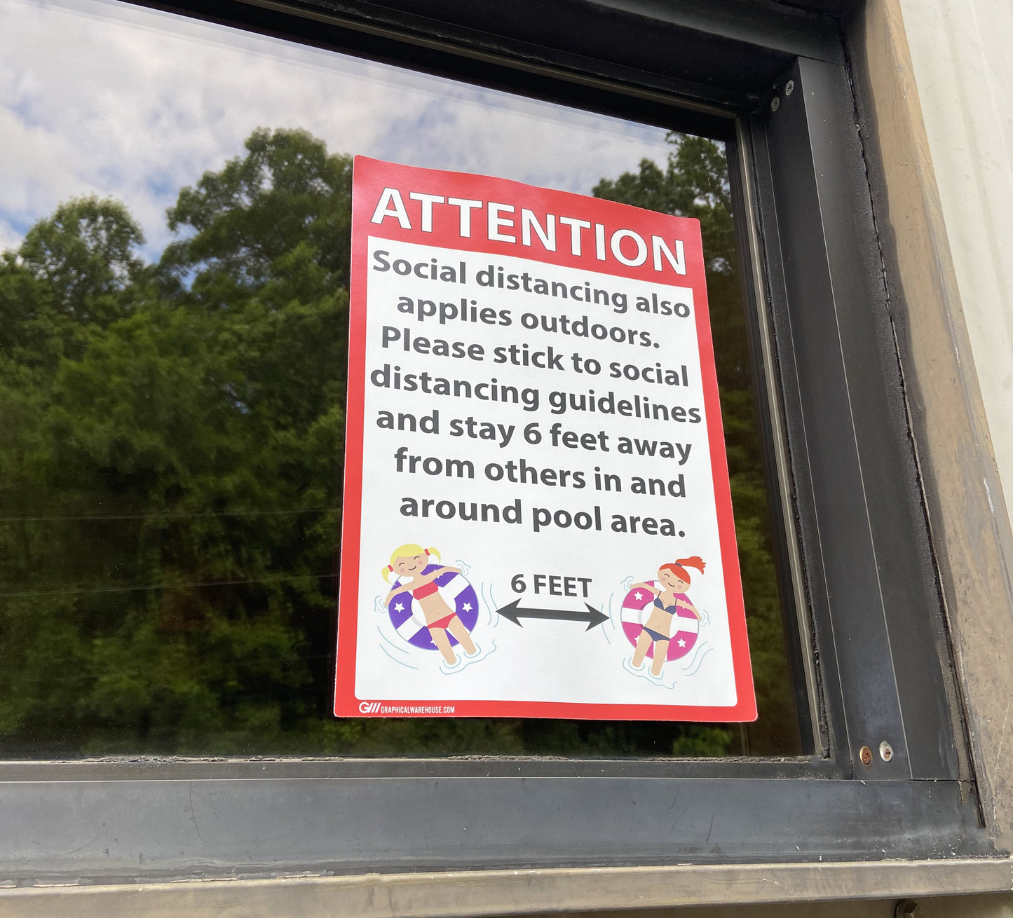 "Attention: Social Distancing at Pool" Adhesive Durable Vinyl Decal- 10x14”
