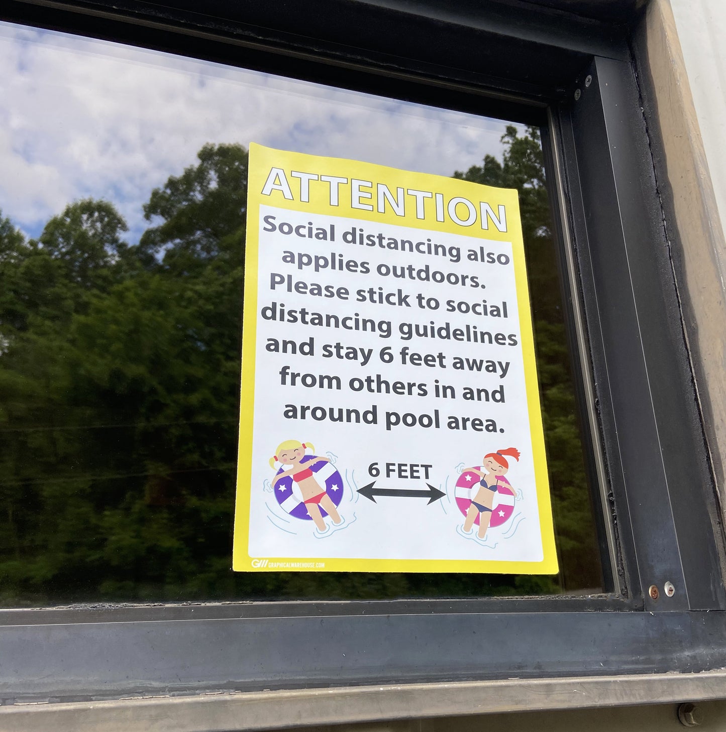 "Attention: Social Distancing at Pool" Adhesive Durable Vinyl Decal- 10x14”