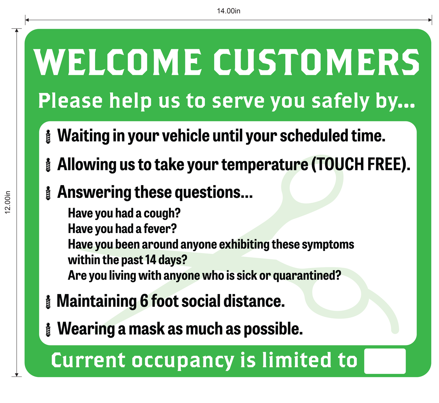 Barber Shop, Coronavirus (Covid-19) Guidelines- Adhesive Durable Vinyl Decal- Various Colors Available- 14x12”