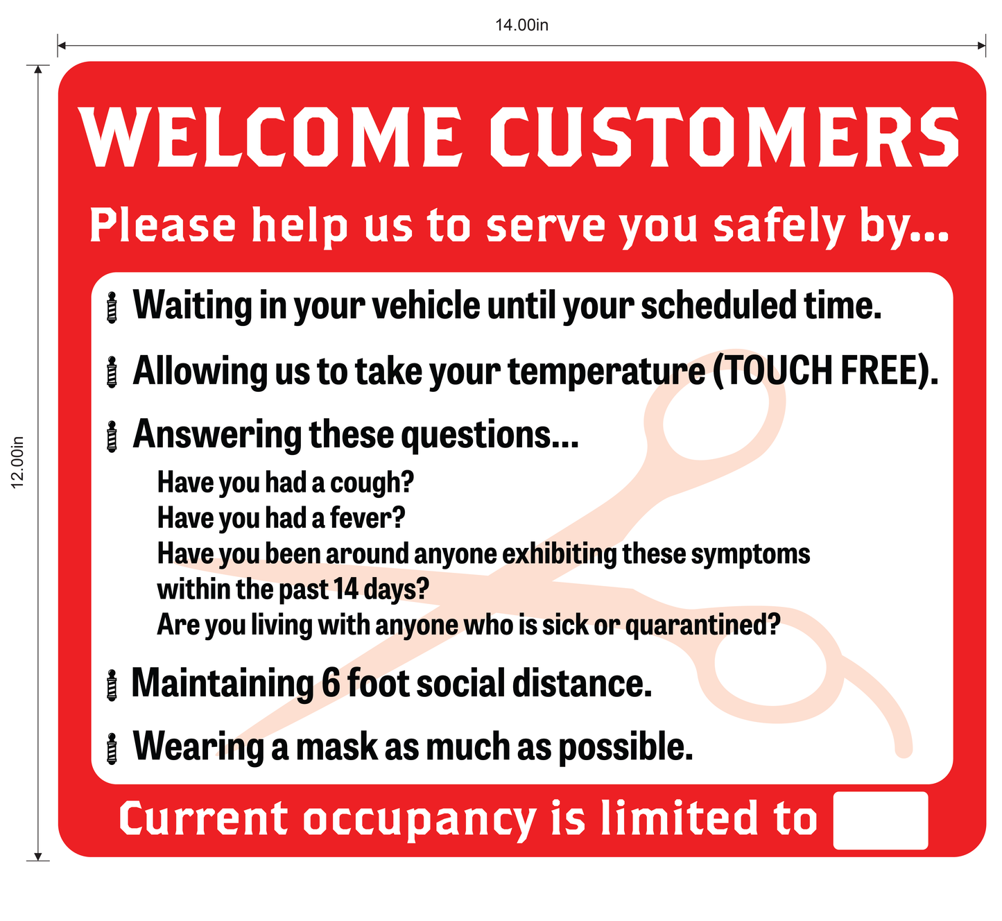 Barber Shop, Coronavirus (Covid-19) Guidelines- Adhesive Durable Vinyl Decal- Various Colors Available- 14x12”