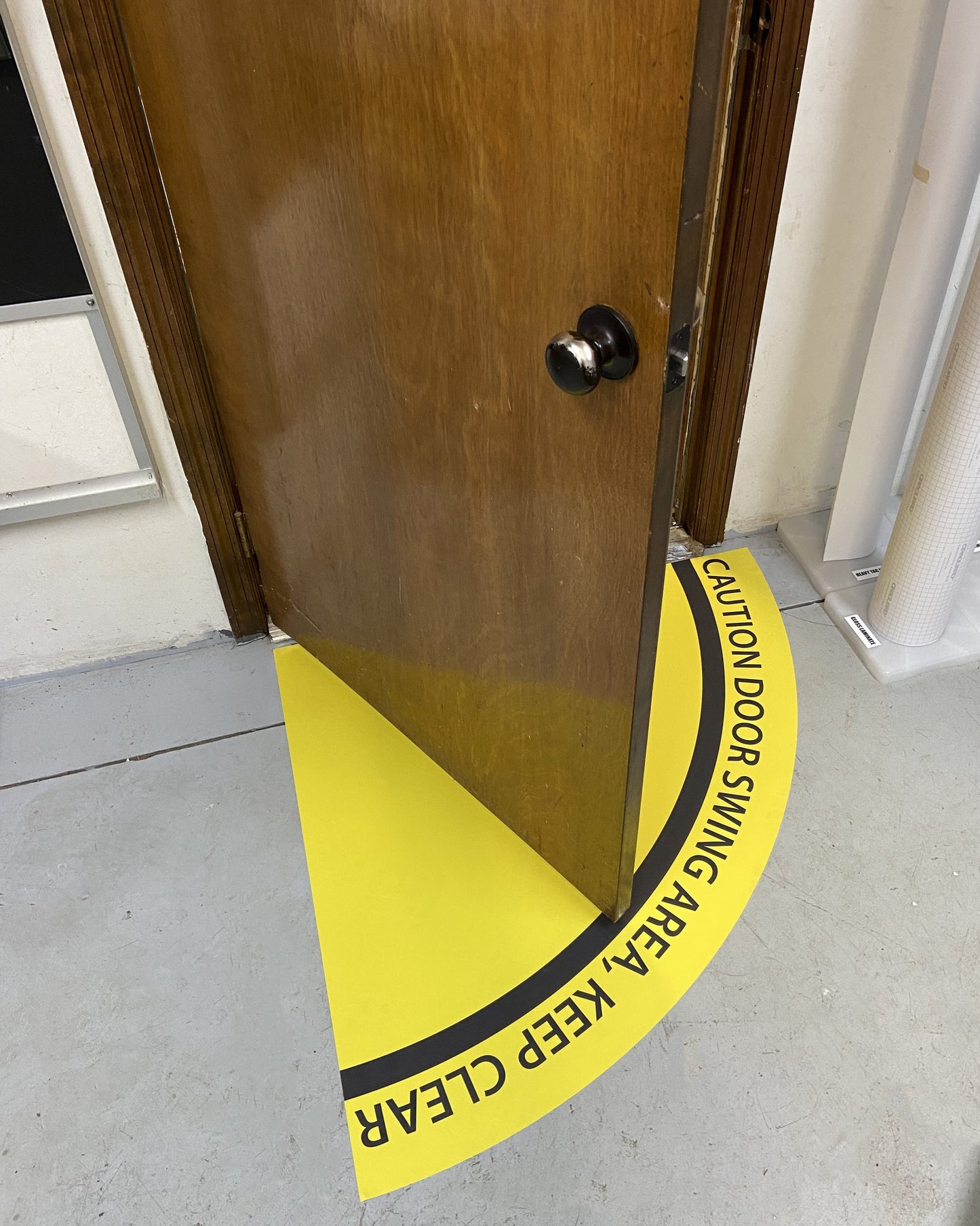 "Caution Door Swing Area, Keep Clear" 1/2 Open Door Swing- Durable Matte Laminated Vinyl Floor Sign- Various Sizes Available