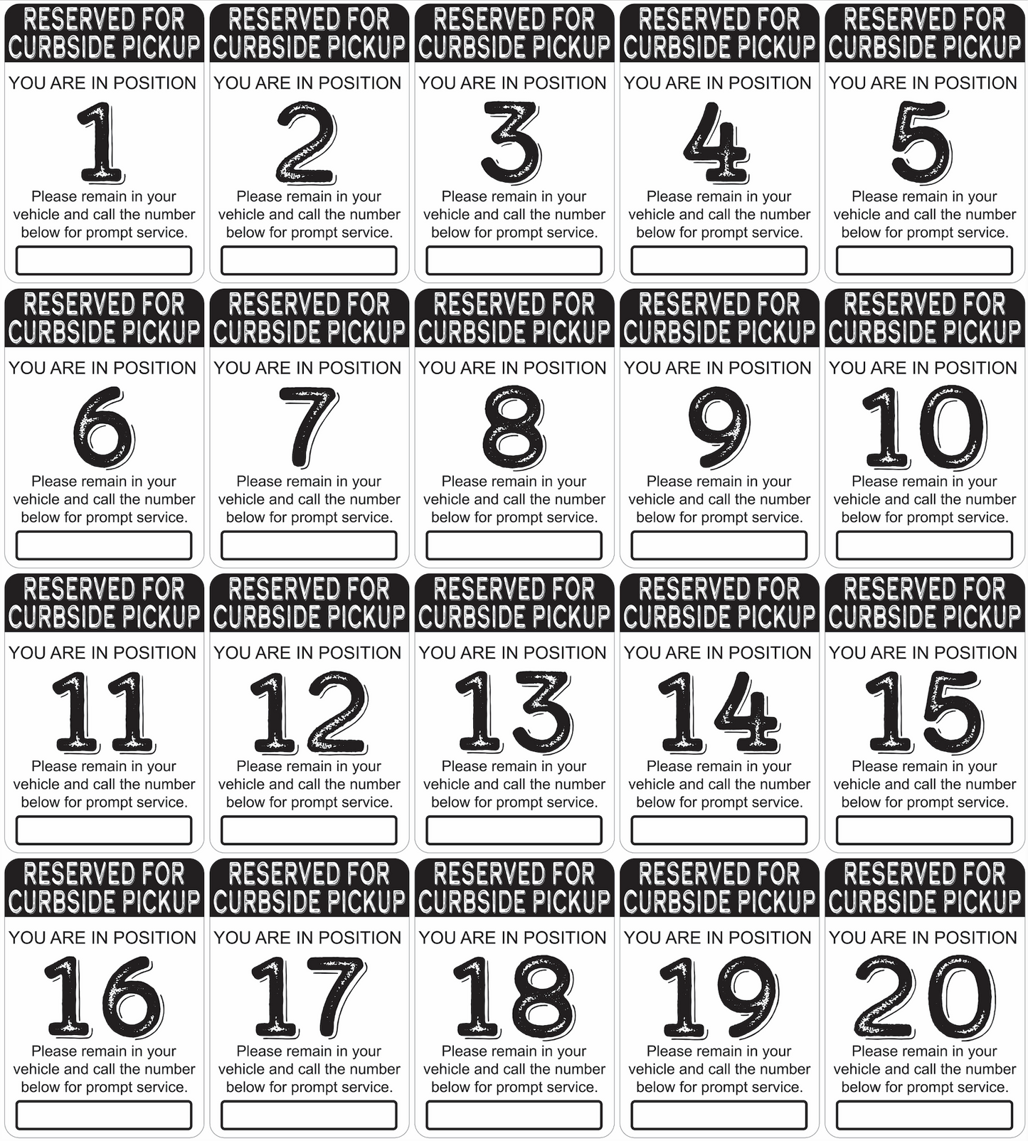 "Curbside Pickup" Sequenced Numbered Spots for Delivery Pickup Customers (includes 4 "Employee Parking" signs) - 12x18" - Various Colors/Fonts Available