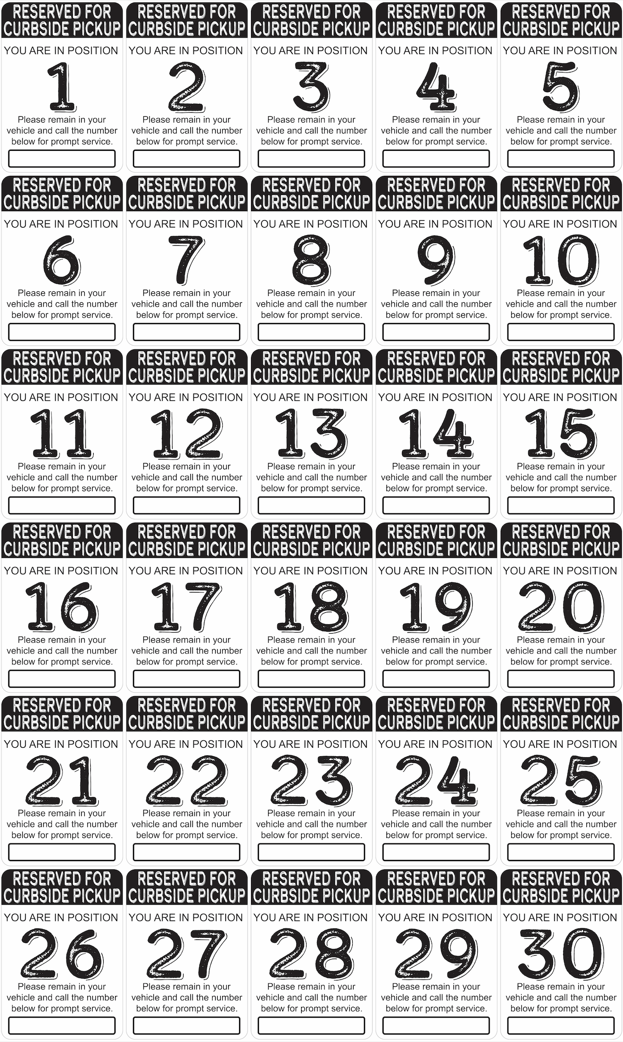 "Curbside Pickup" Sequenced Numbered Spots for Delivery Pickup Customers (includes 4 "Employee Parking" signs) - 12x18" - Various Colors/Fonts Available
