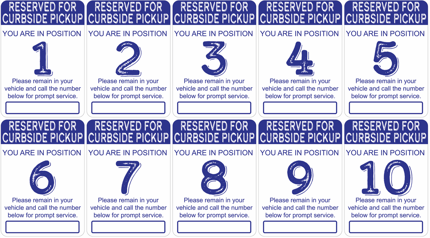 "Curbside Pickup" Sequenced Numbered Spots for Delivery Pickup Customers (includes 4 "Employee Parking" signs) - 12x18" - Various Colors/Fonts Available