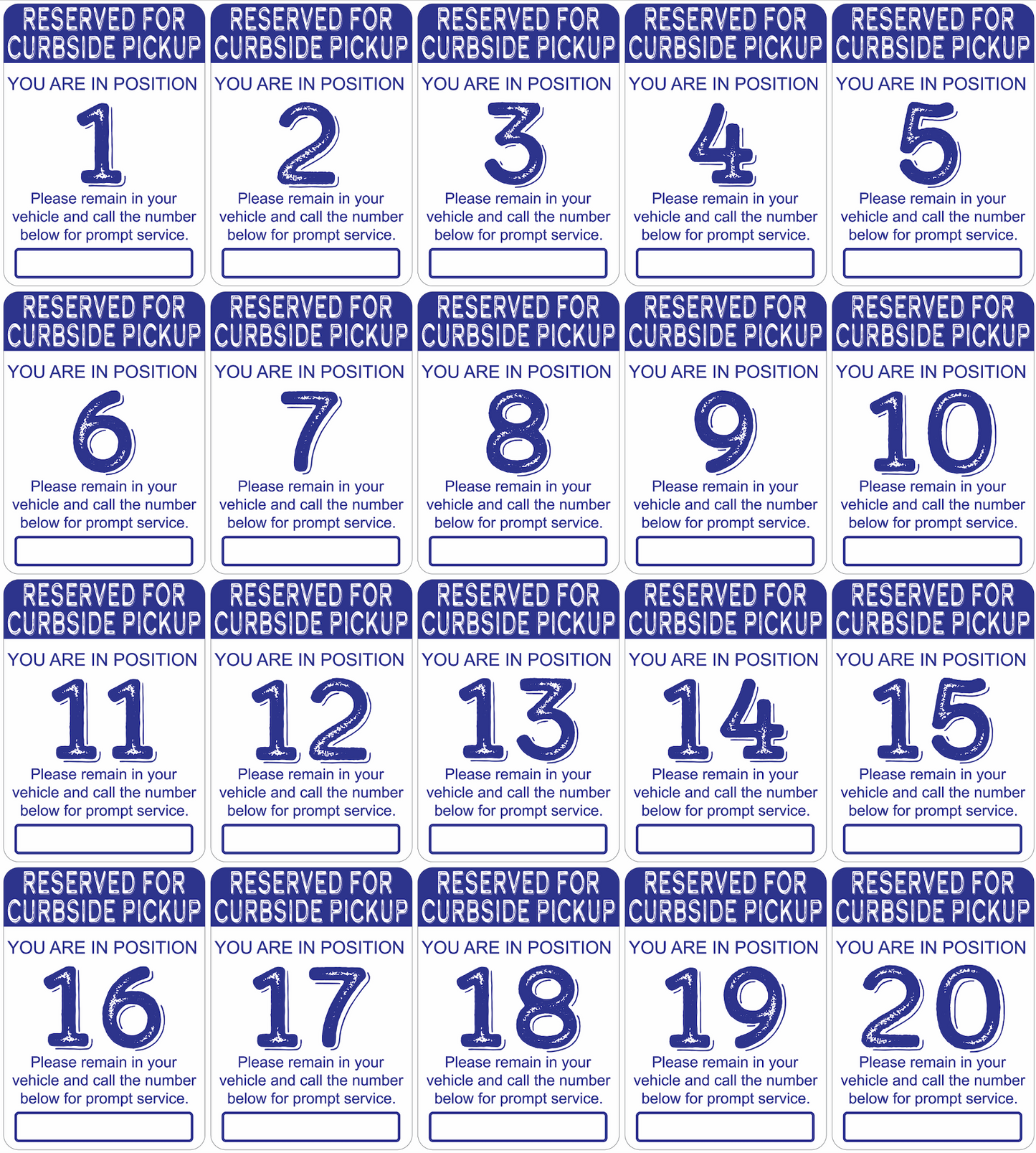 "Curbside Pickup" Sequenced Numbered Spots for Delivery Pickup Customers (includes 4 "Employee Parking" signs) - 12x18" - Various Colors/Fonts Available