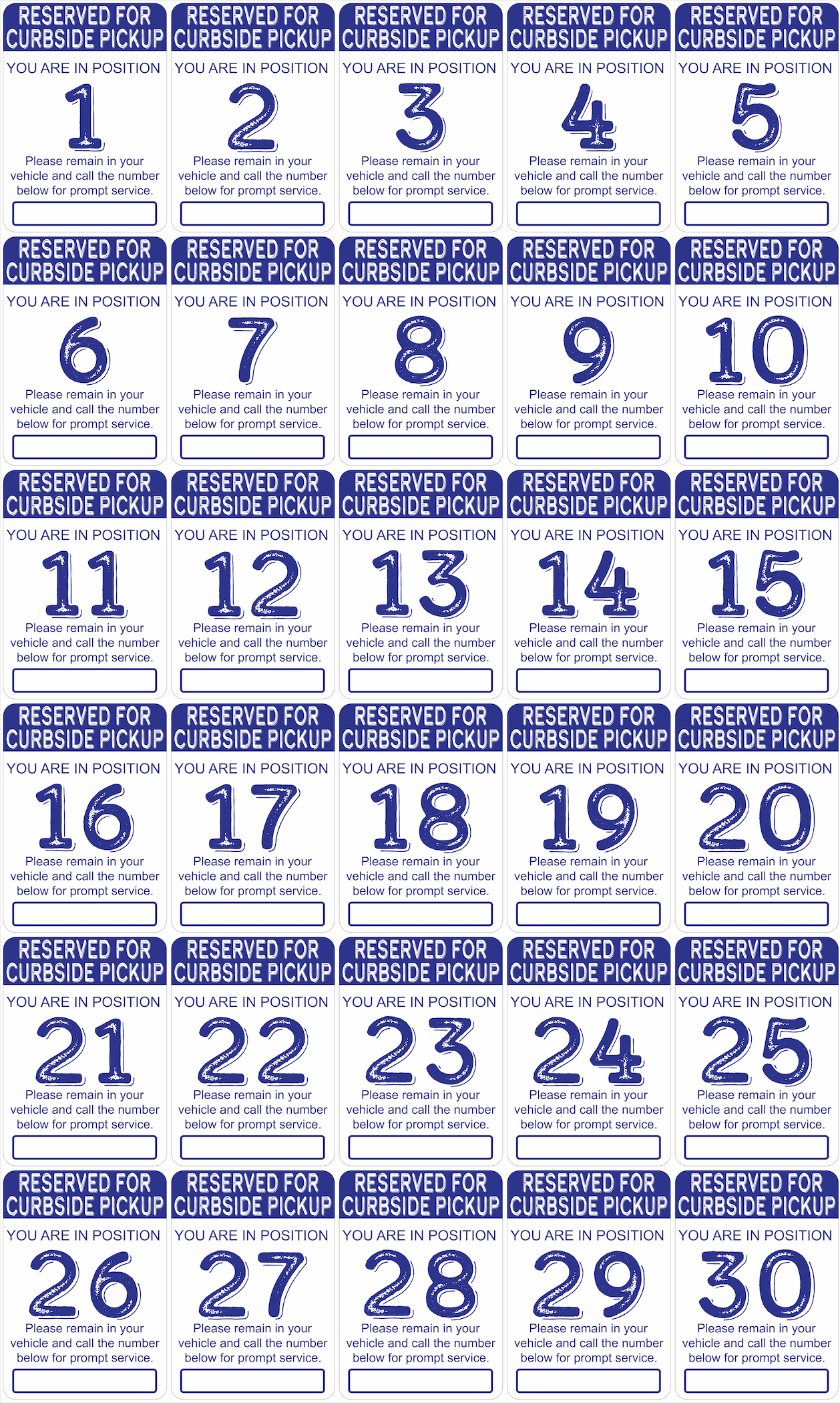 "Curbside Pickup" Sequenced Numbered Spots for Delivery Pickup Customers (includes 4 "Employee Parking" signs) - 12x18" - Various Colors/Fonts Available