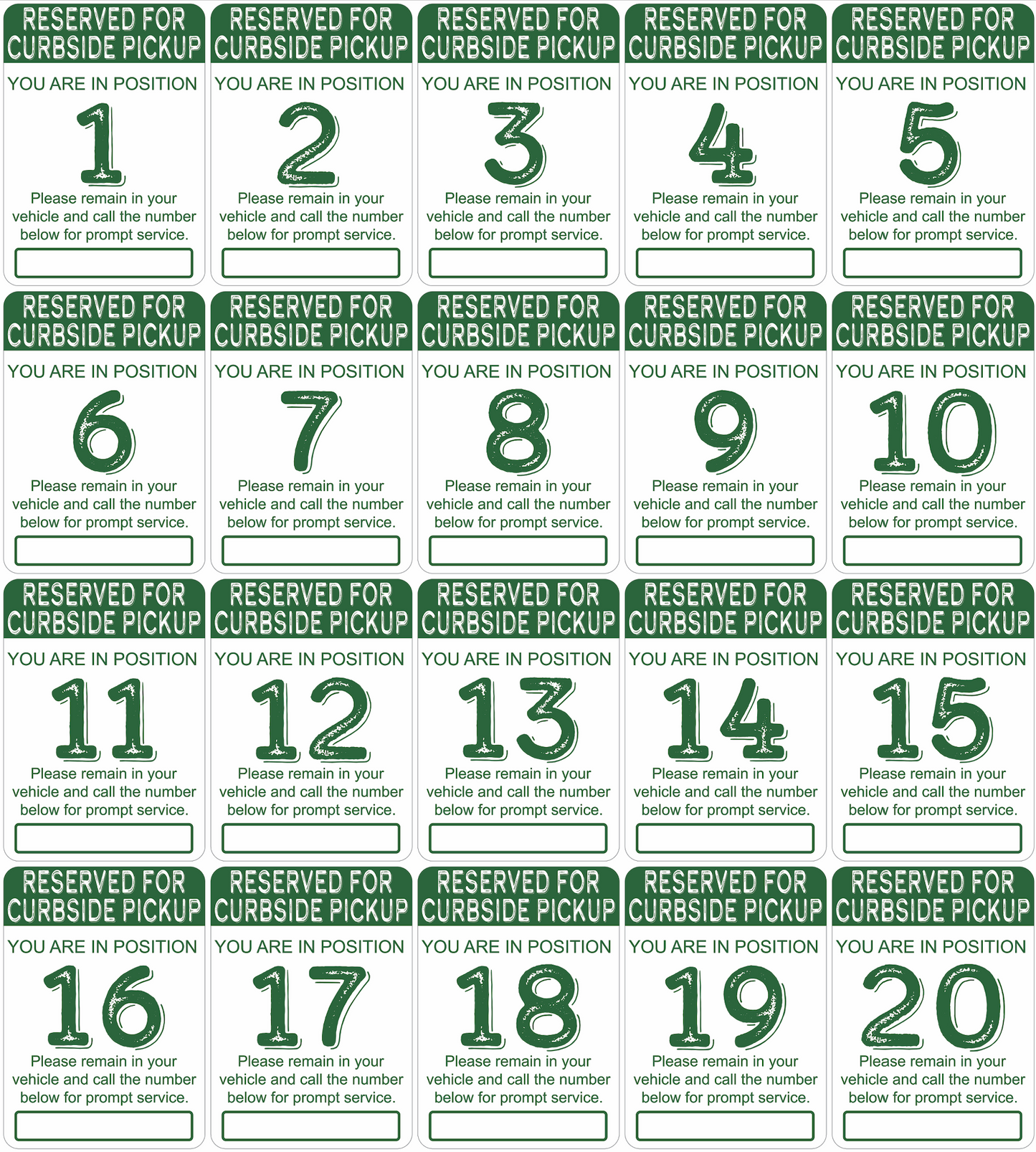"Curbside Pickup" Sequenced Numbered Spots for Delivery Pickup Customers (includes 4 "Employee Parking" signs) - 12x18" - Various Colors/Fonts Available