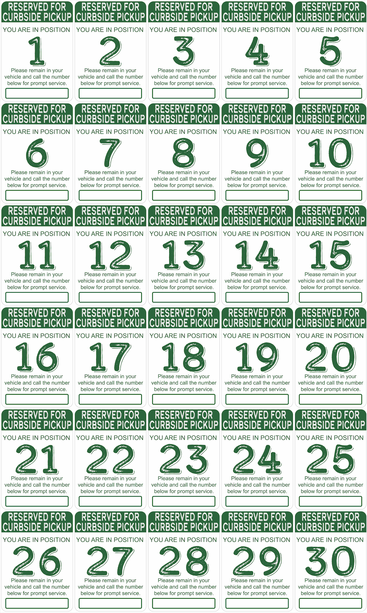 "Curbside Pickup" Sequenced Numbered Spots for Delivery Pickup Customers (includes 4 "Employee Parking" signs) - 12x18" - Various Colors/Fonts Available