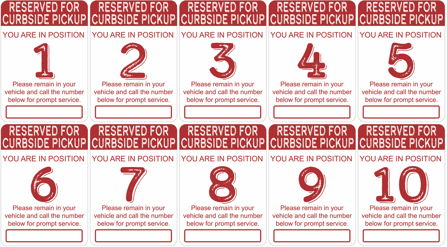 "Curbside Pickup" Sequenced Numbered Spots for Delivery Pickup Customers (includes 4 "Employee Parking" signs) - 12x18" - Various Colors/Fonts Available