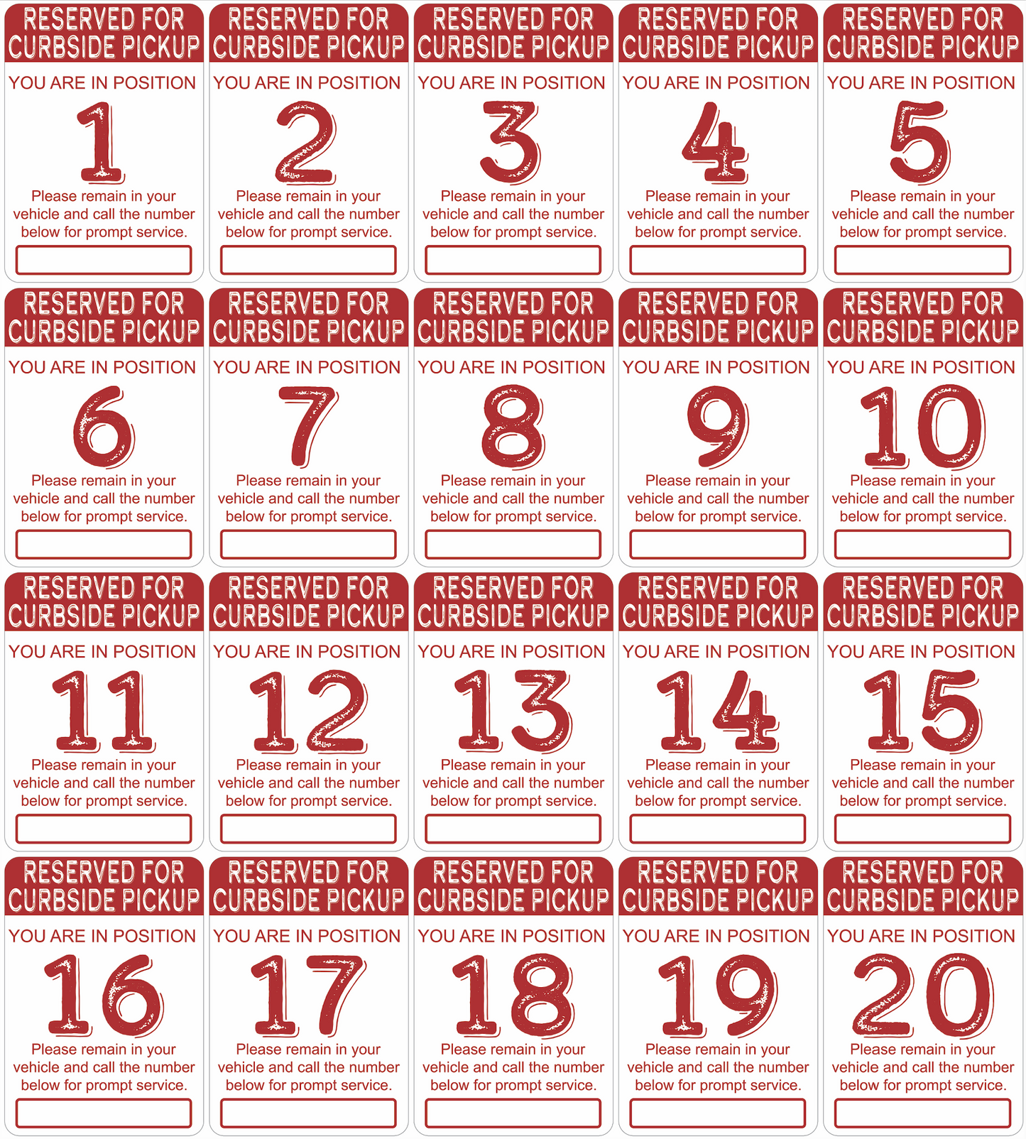 "Curbside Pickup" Sequenced Numbered Spots for Delivery Pickup Customers (includes 4 "Employee Parking" signs) - 12x18" - Various Colors/Fonts Available