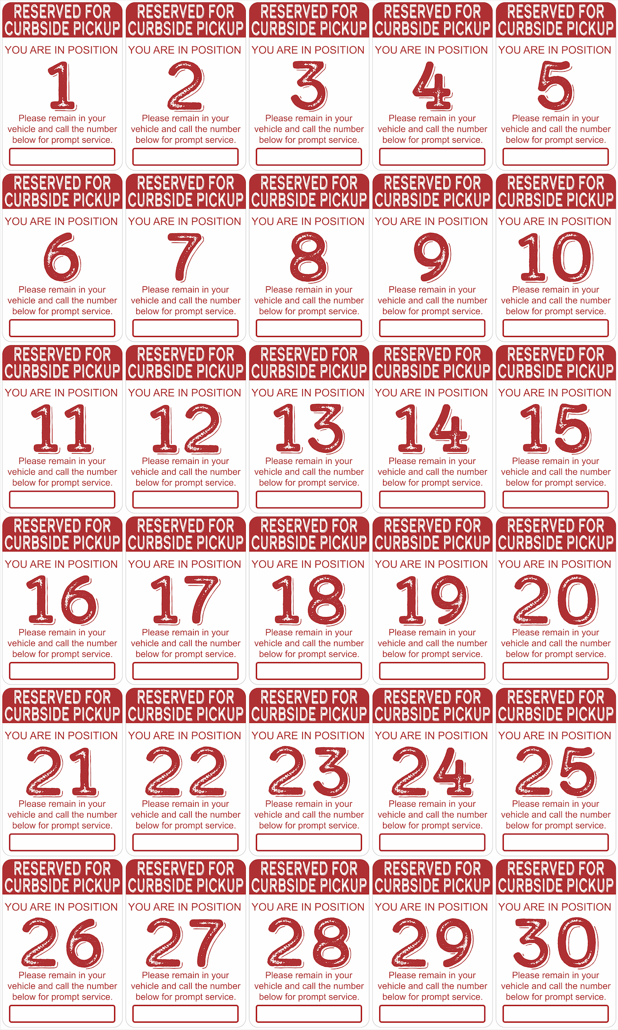 "Curbside Pickup" Sequenced Numbered Spots for Delivery Pickup Customers (includes 4 "Employee Parking" signs) - 12x18" - Various Colors/Fonts Available