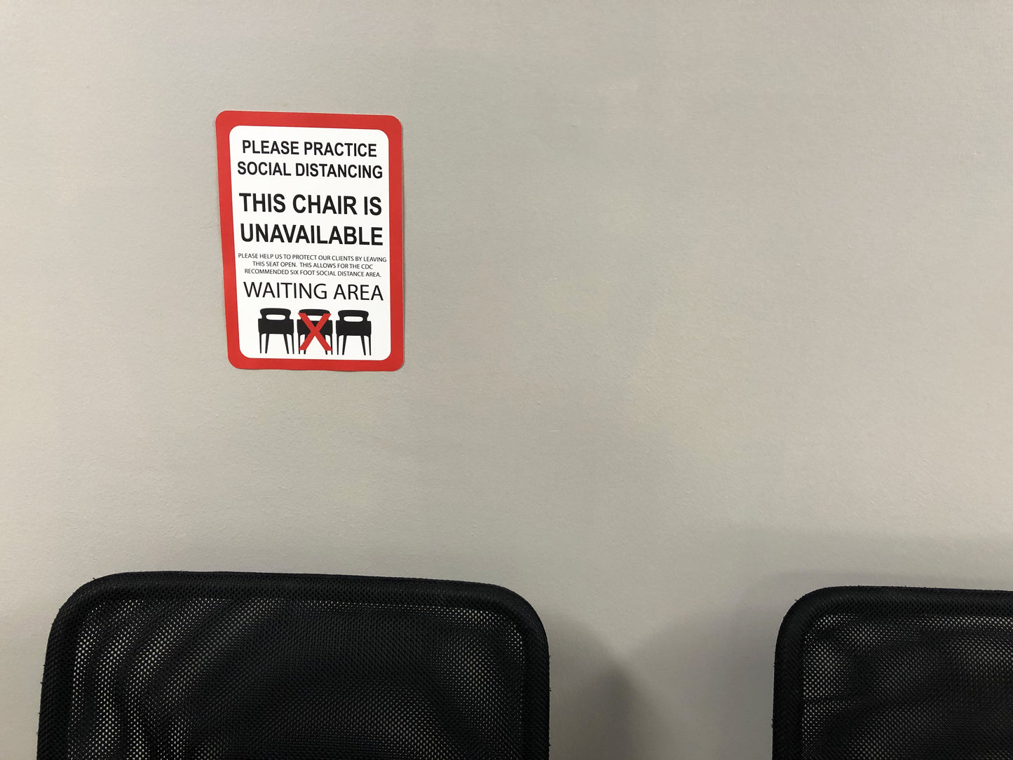 "Practice Social Distancing, Chair Unavailable" Custom Company Logo and Custom Border Color, Adhesive Durable Vinyl Decal- 7x10”