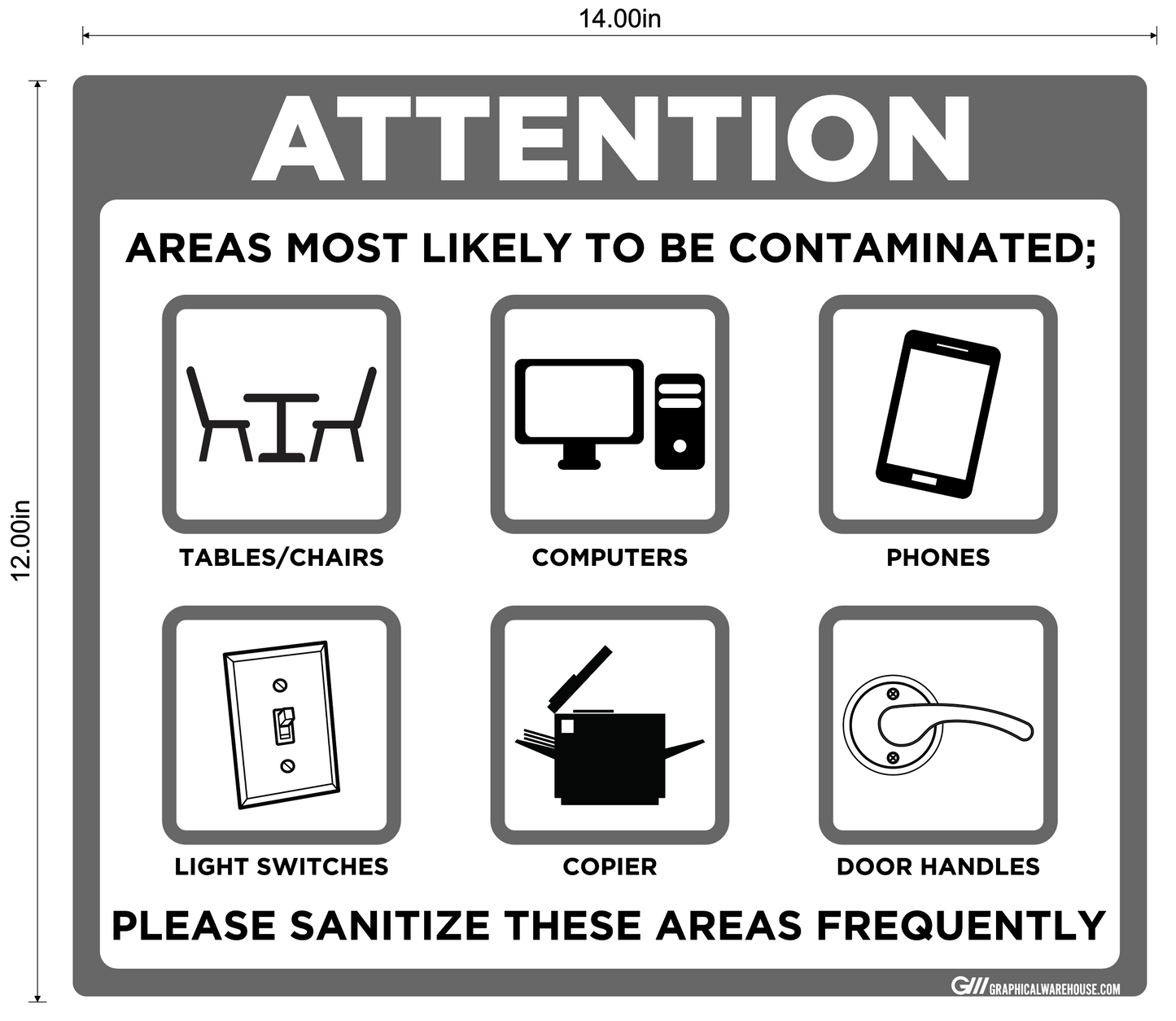 "Contaminated Areas, Please Sanitize" Adhesive Durable Vinyl Decal- Various Sizes/Colors Available