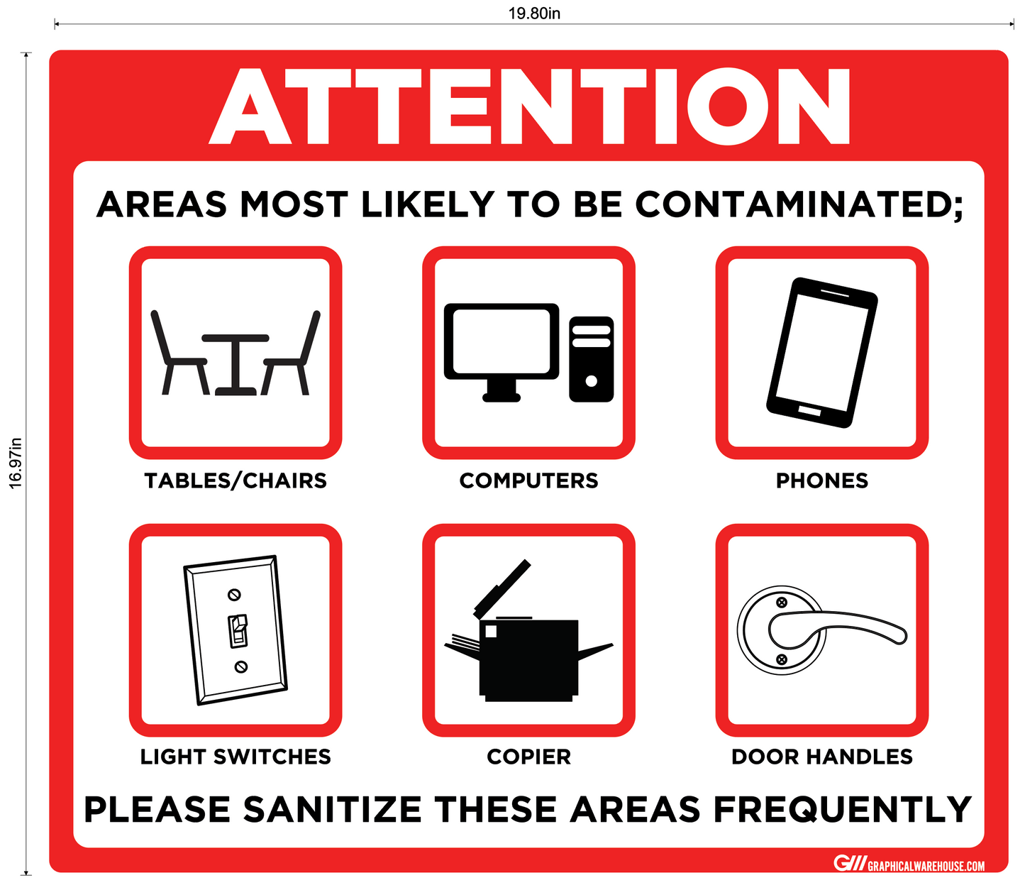 "Contaminated Areas, Please Sanitize" Adhesive Durable Vinyl Decal- Various Sizes/Colors Available