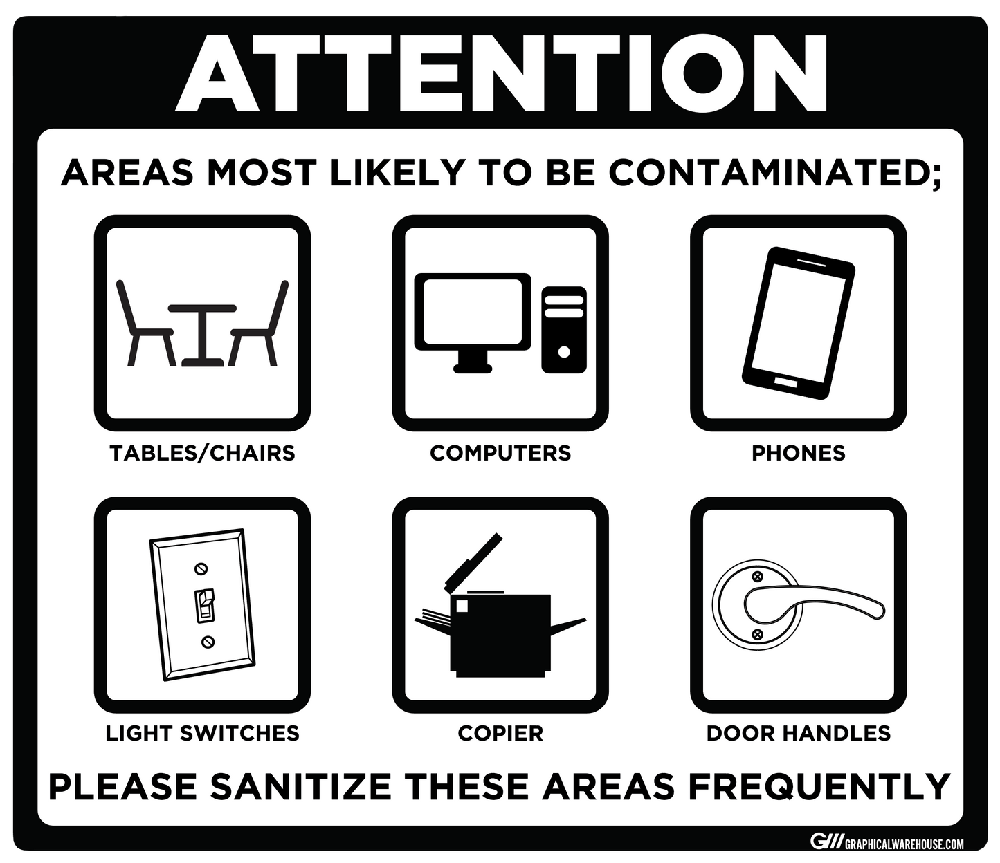 "Contaminated Areas, Please Sanitize" Adhesive Durable Vinyl Decal- Various Sizes/Colors Available
