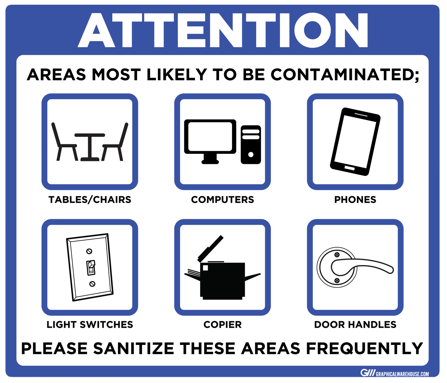 "Contaminated Areas, Please Sanitize" Adhesive Durable Vinyl Decal- Various Sizes/Colors Available