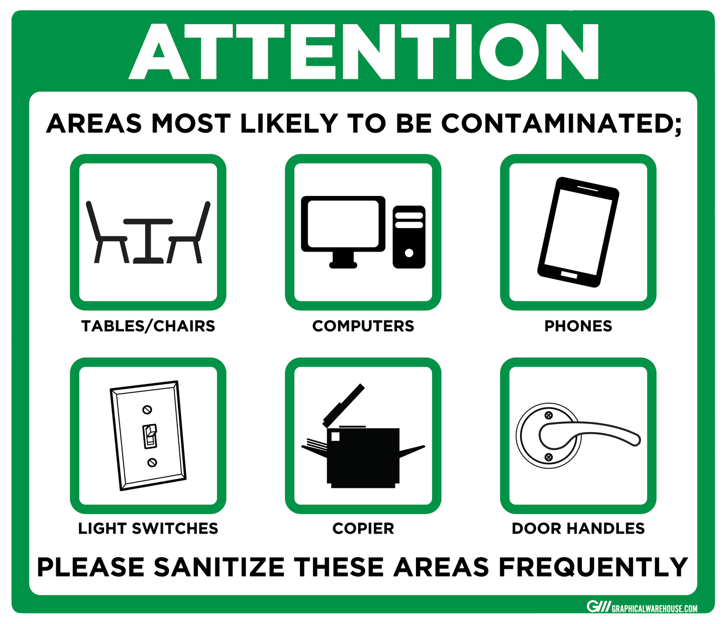 "Contaminated Areas, Please Sanitize" Adhesive Durable Vinyl Decal- Various Sizes/Colors Available