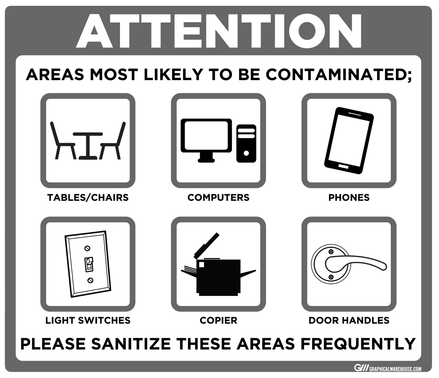 "Contaminated Areas, Please Sanitize" Adhesive Durable Vinyl Decal- Various Sizes/Colors Available