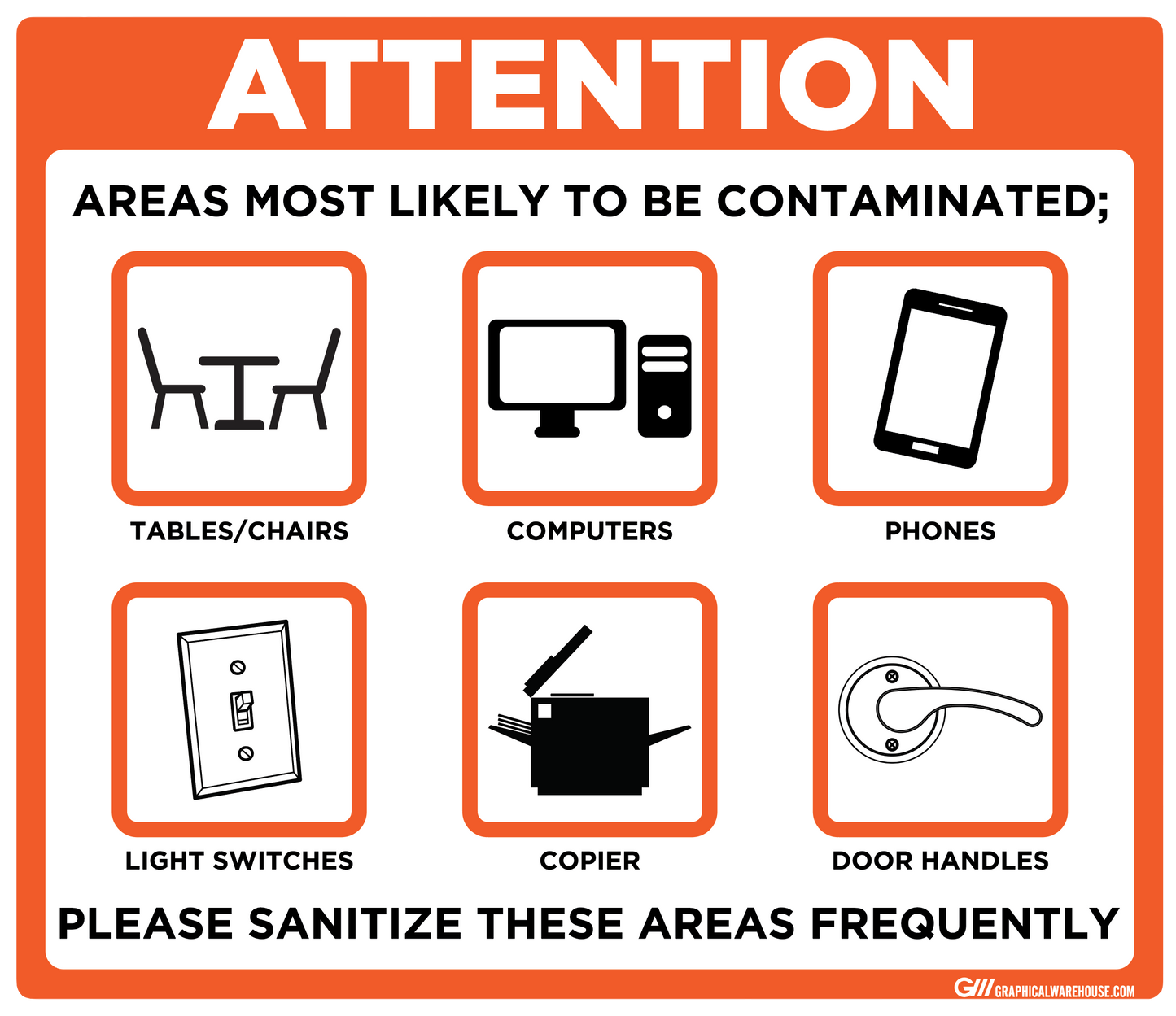 "Contaminated Areas, Please Sanitize" Adhesive Durable Vinyl Decal- Various Sizes/Colors Available
