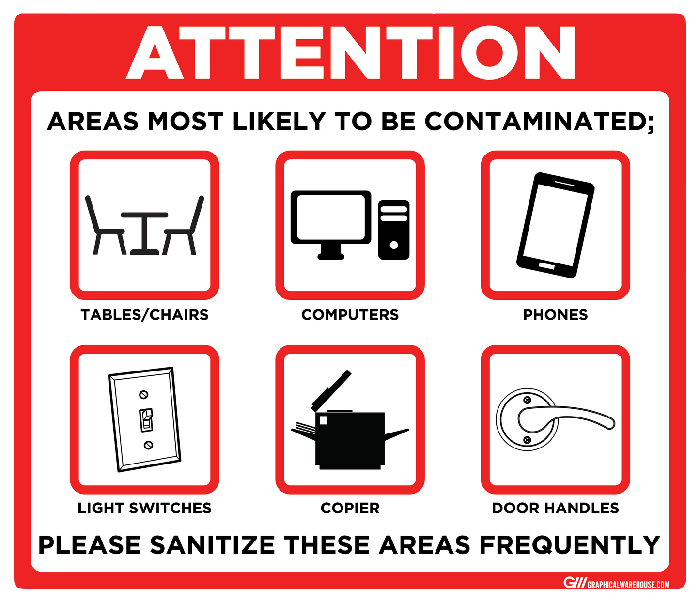 "Contaminated Areas, Please Sanitize" Adhesive Durable Vinyl Decal- Various Sizes/Colors Available