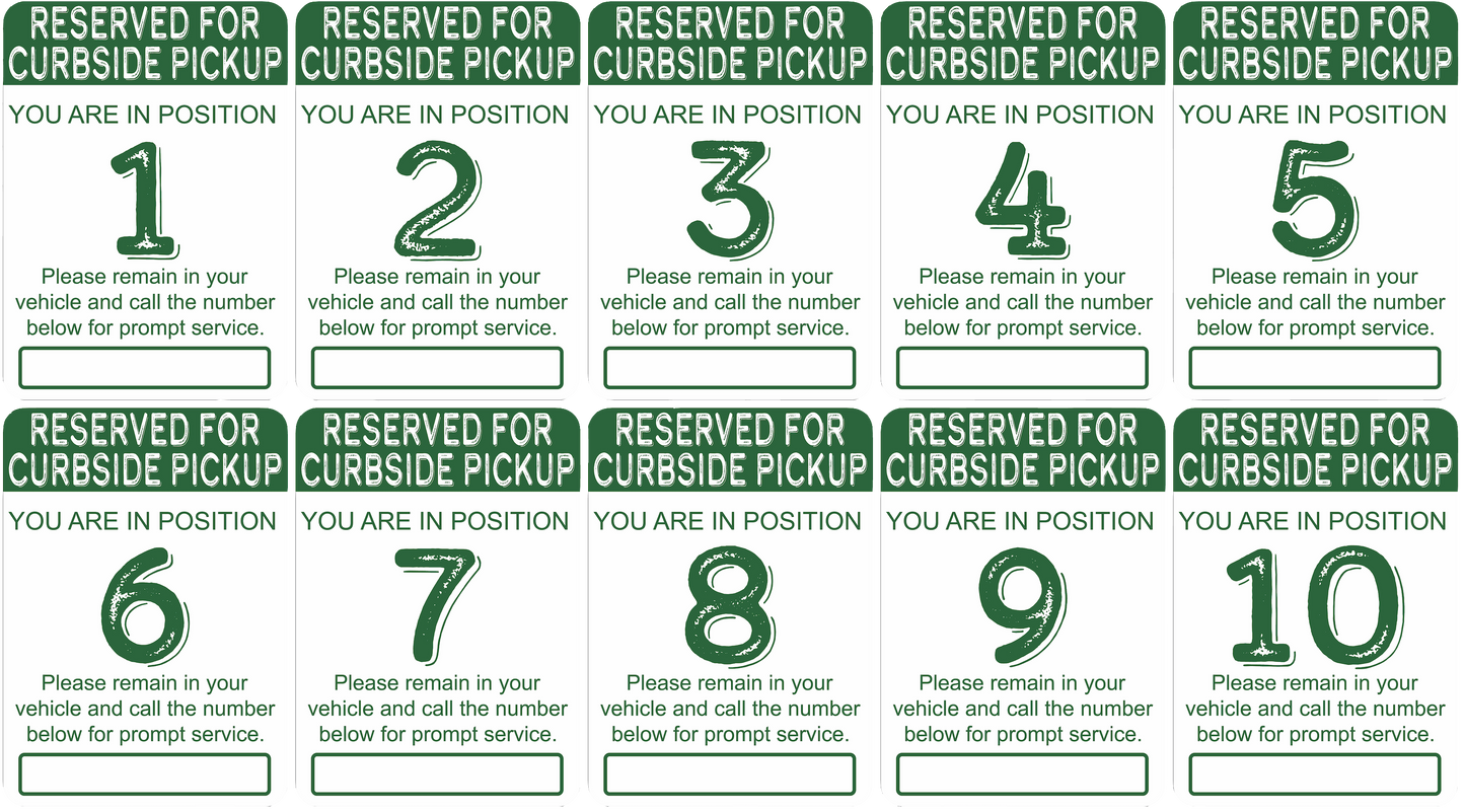 "Curbside Pickup" Sequenced Numbered Spots for Delivery Pickup Customers (includes 4 "Employee Parking" signs) - 12x18" - Various Colors/Fonts Available