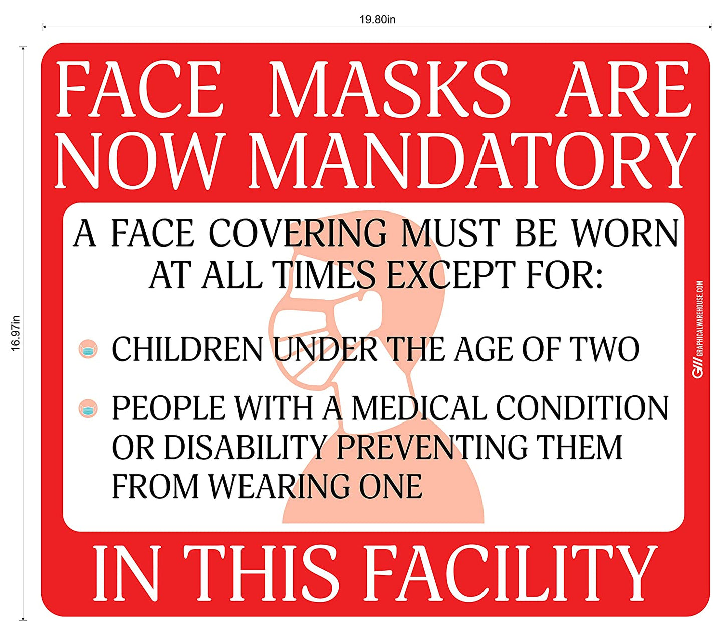 "Face Masks Are Now Mandatory In This Facility" Adhesive Durable Vinyl Decal- Various Sizes/Colors Available