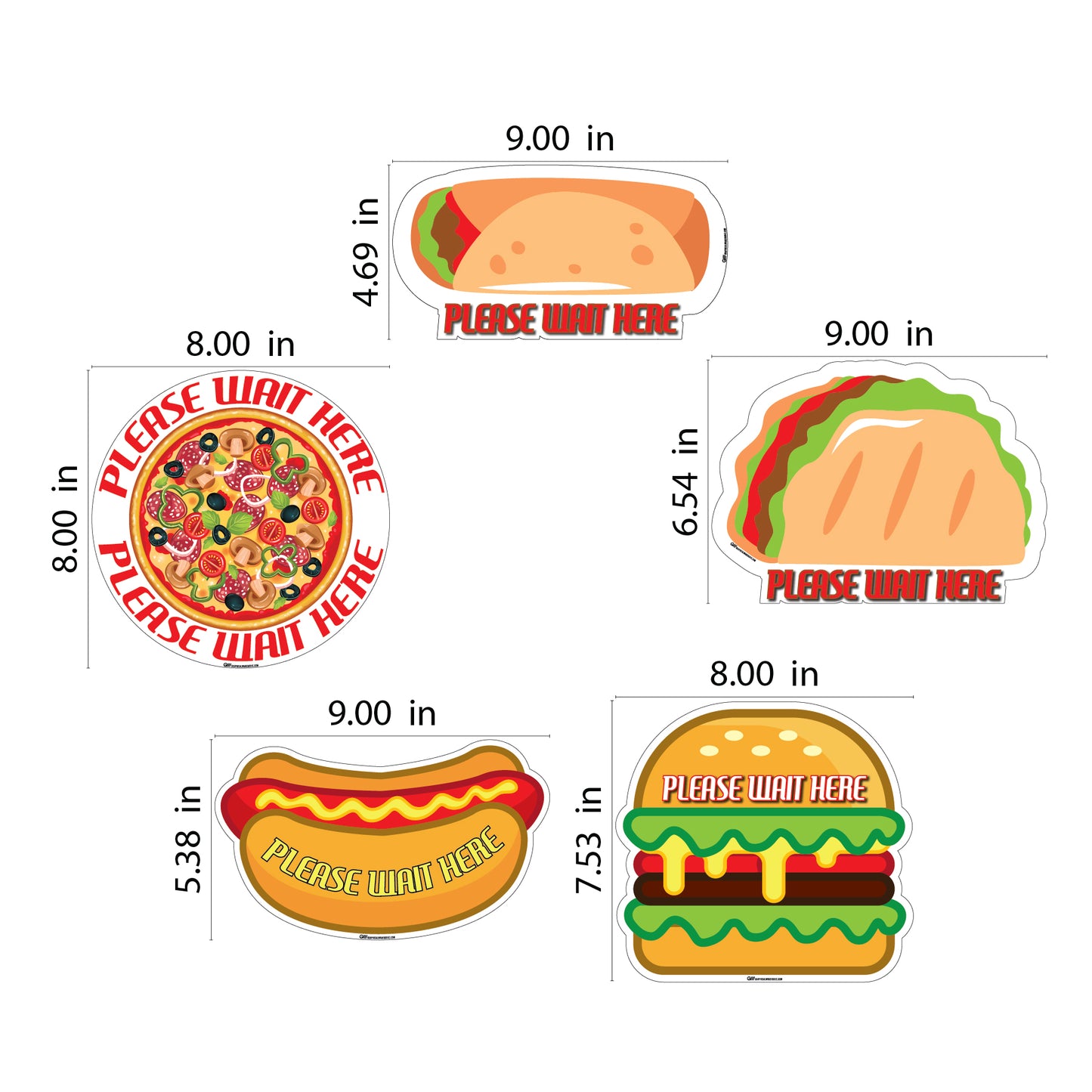 Food Themed Social Distancing Floor Place Marker- Durable Matte Laminated Vinyl Floor Sign, Pack of 10- Various Styles Available
