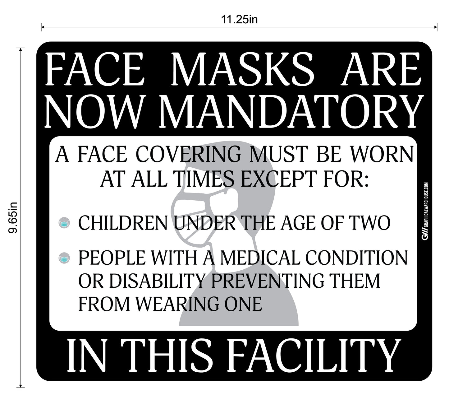 "Face Masks Are Now Mandatory In This Facility" Adhesive Durable Vinyl Decal- Various Sizes/Colors Available