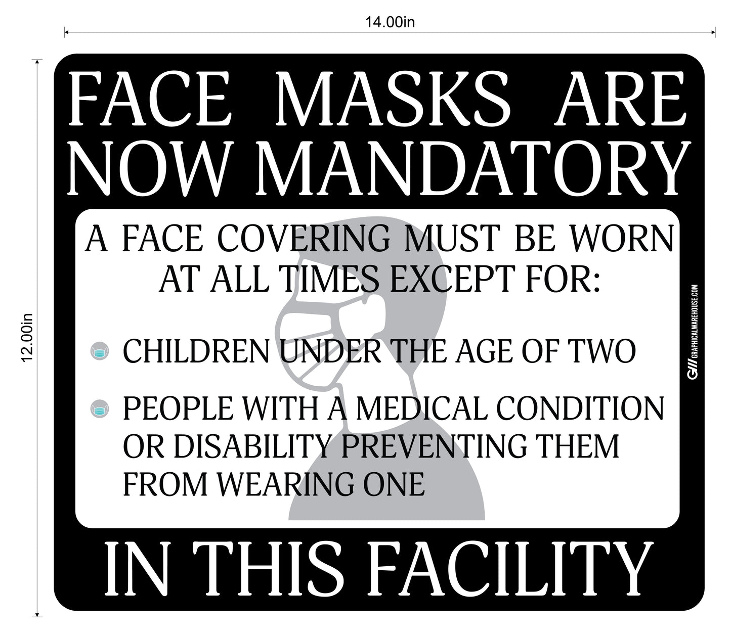 "Face Masks Are Now Mandatory In This Facility" Adhesive Durable Vinyl Decal- Various Sizes/Colors Available