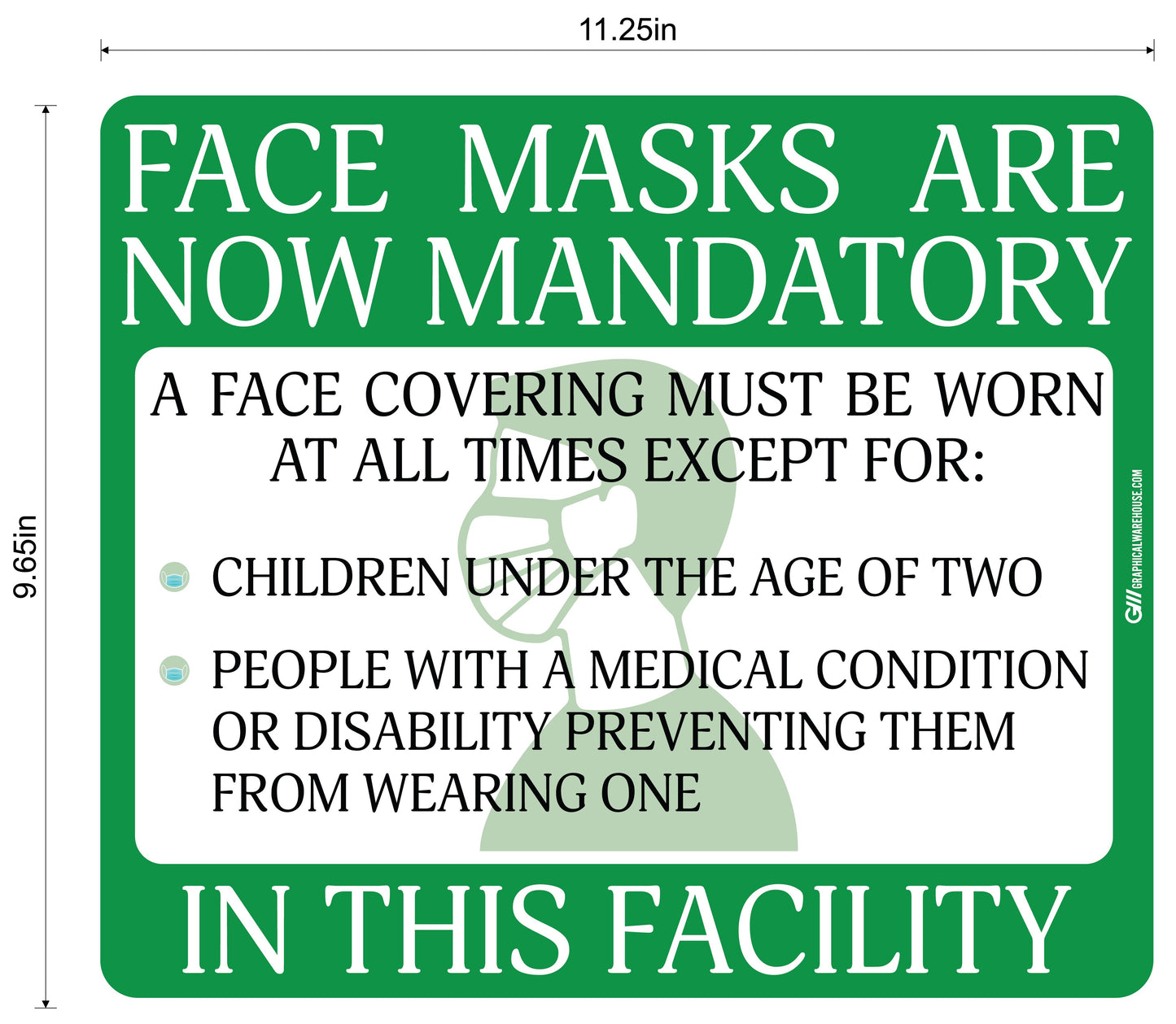 "Face Masks Are Now Mandatory In This Facility" Adhesive Durable Vinyl Decal- Various Sizes/Colors Available