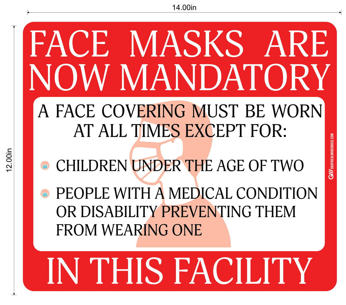 "Face Masks Are Now Mandatory In This Facility" Adhesive Durable Vinyl Decal- Various Sizes/Colors Available