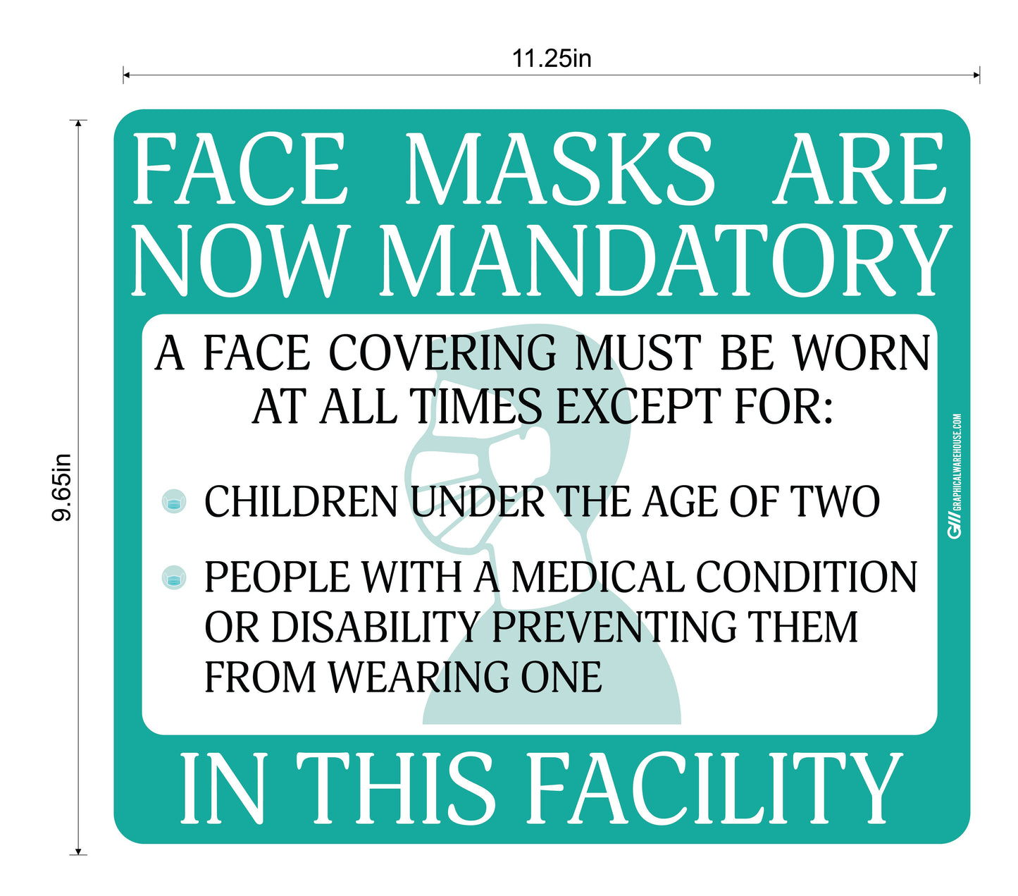 "Face Masks Are Now Mandatory In This Facility" Adhesive Durable Vinyl Decal- Various Sizes/Colors Available