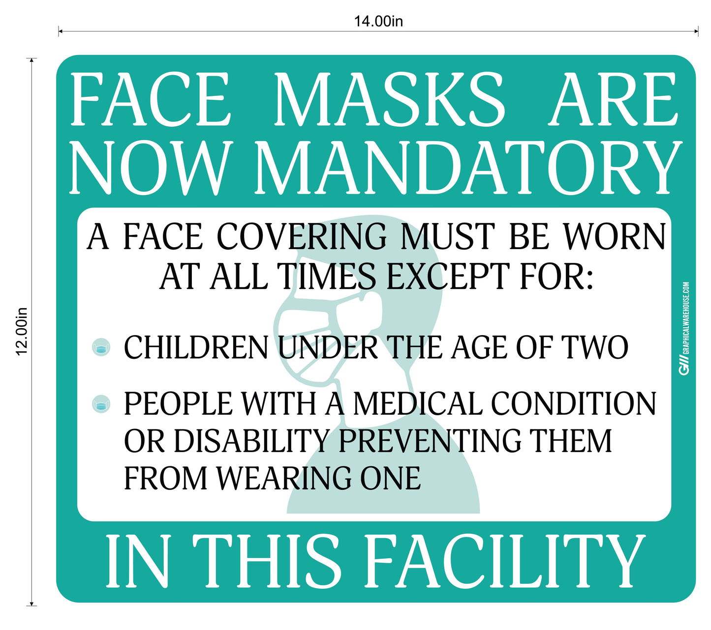 "Face Masks Are Now Mandatory In This Facility" Adhesive Durable Vinyl Decal- Various Sizes/Colors Available