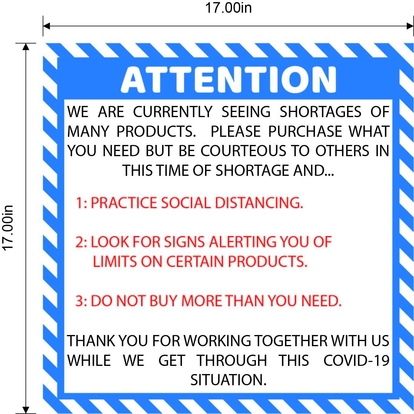 "Attention: Product Shortage" Social Distancing Durable Laminated Vinyl Floor Sign- 17"