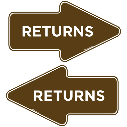 "Returns" Wayfinding Arrows, 10 Pack- Durable Matte Laminated Vinyl Floor Sign- 15.95x8.7"