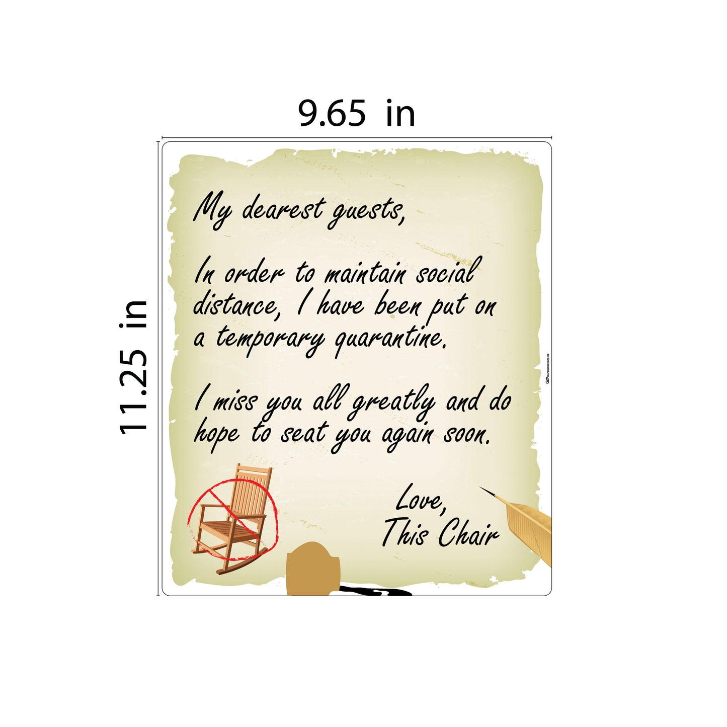"Dear Guests, Chair Unavailable for Social Distancing" Adhesive Durable Vinyl Decal- Various Sizes/Colors Available