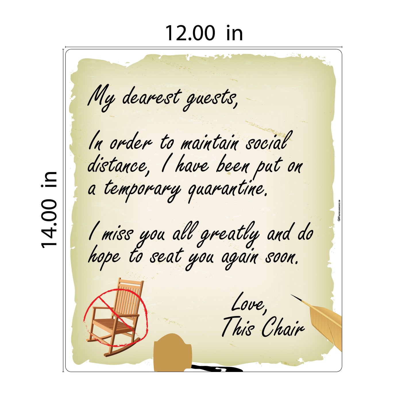 "Dear Guests, Chair Unavailable for Social Distancing" Adhesive Durable Vinyl Decal- Various Sizes/Colors Available