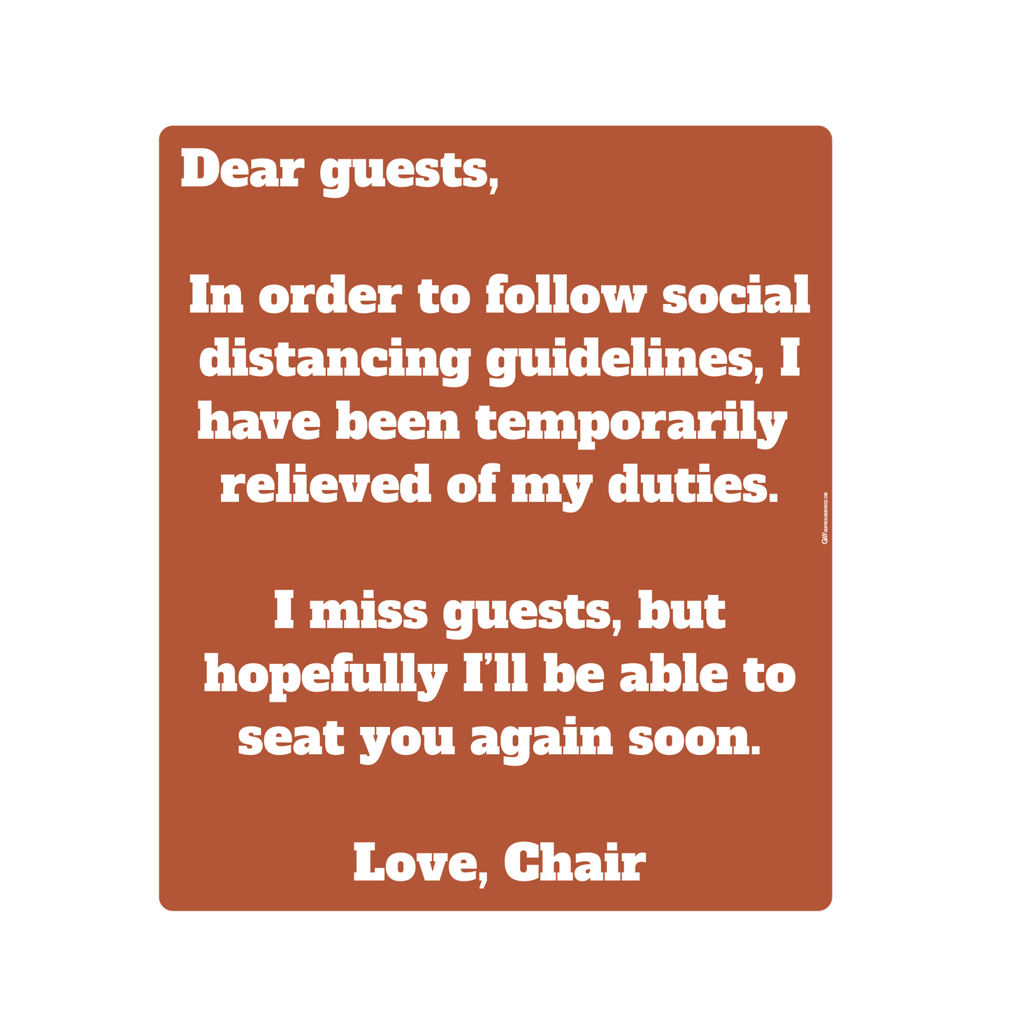 "Dear Guests, Chair Unavailable for Social Distancing" Adhesive Durable Vinyl Decal- Various Sizes/Colors Available