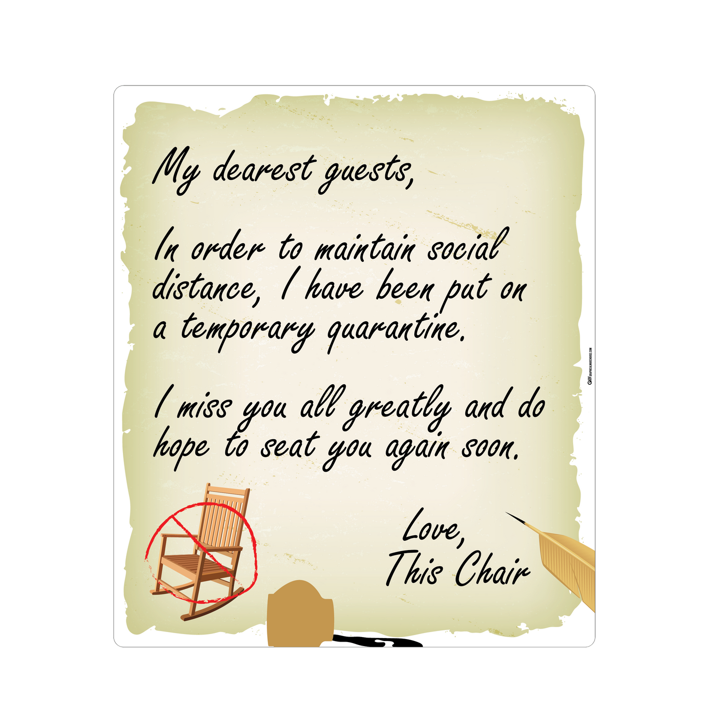 "Dear Guests, Chair Unavailable for Social Distancing" Adhesive Durable Vinyl Decal- Various Sizes/Colors Available