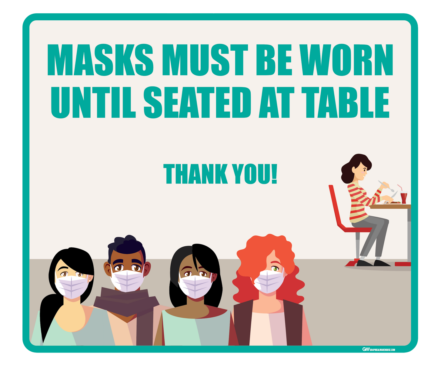 "Masks Must Be Worn Until Seated" Adhesive Durable Vinyl Decal- Various Sizes/Colors Available