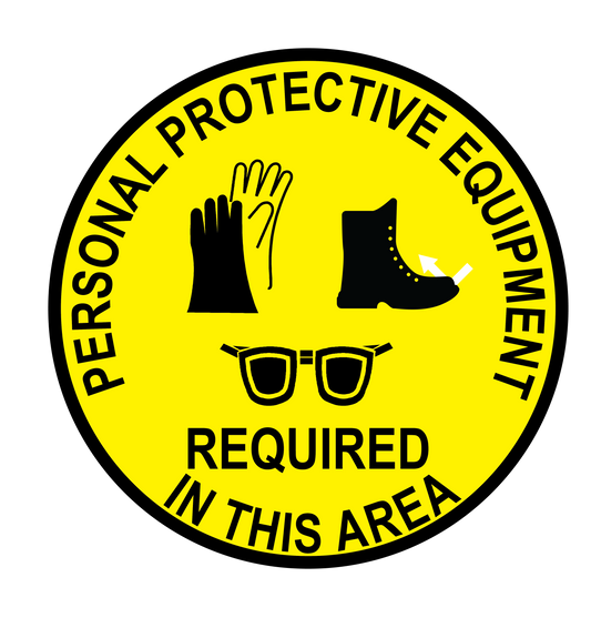 "Personal Protective Equipment Required In This Area" Gloves, Steel Toe Shoes, and Eye Protection- Durable Matte Laminated Vinyl Floor Sign- Various Sizes Available