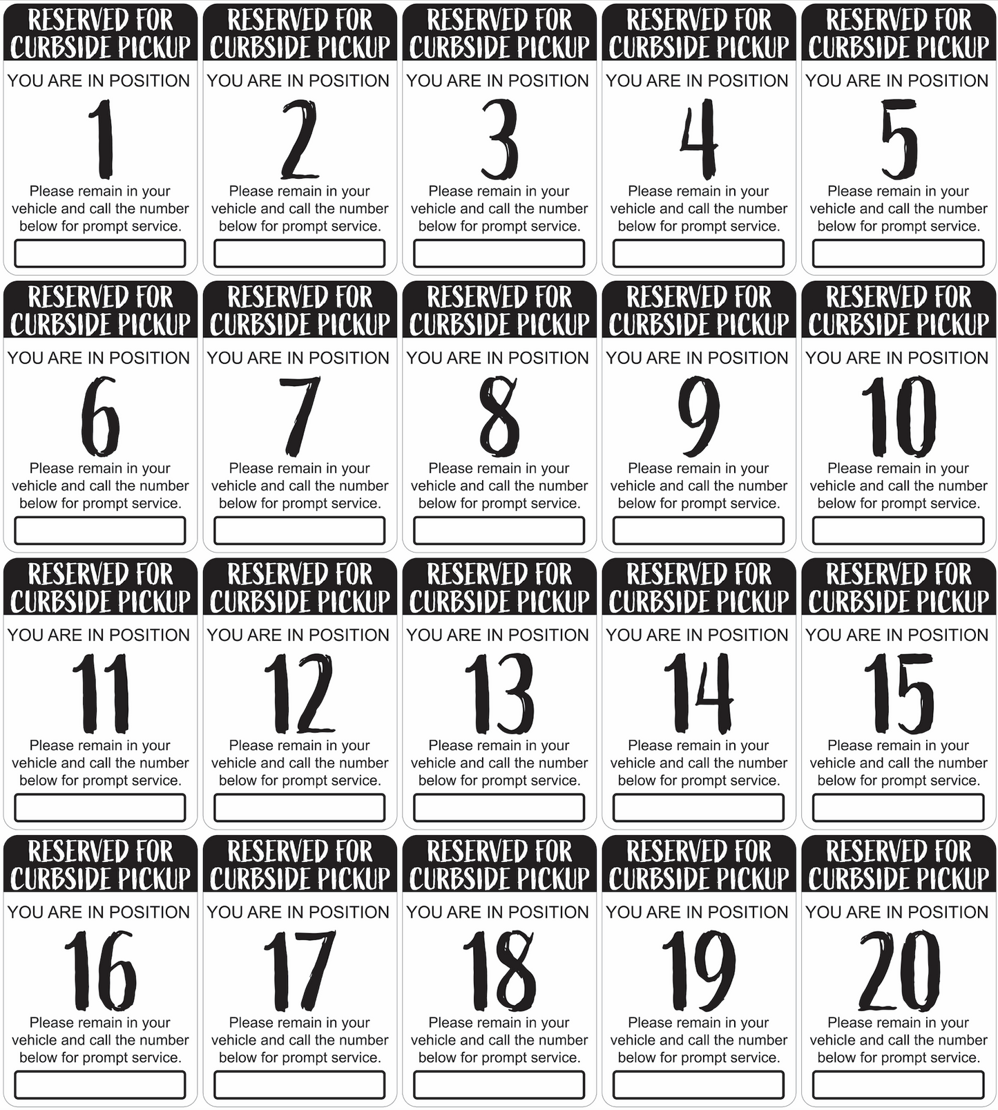 "Curbside Pickup" Sequenced Numbered Spots for Delivery Pickup Customers (includes 4 "Employee Parking" signs) - 12x18" - Various Colors/Fonts Available