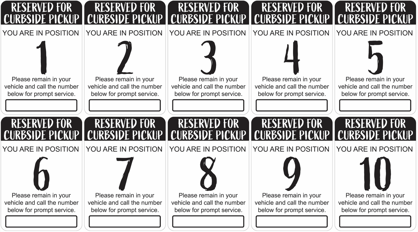 "Curbside Pickup" Sequenced Numbered Spots for Delivery Pickup Customers (includes 4 "Employee Parking" signs) - 12x18" - Various Colors/Fonts Available